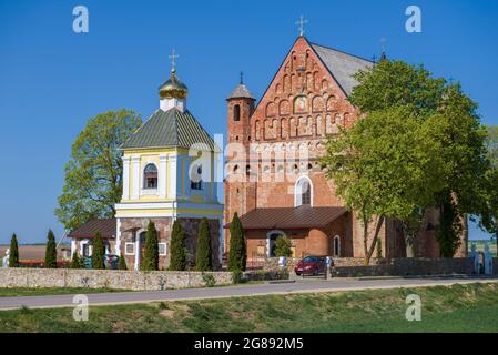 The ancient church-fortress of St. Michael close-up on a sunny April day. Synkovichi, Belarus Stock Photo