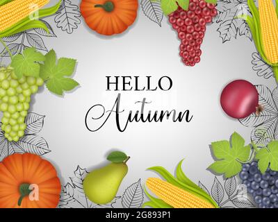 Hello autumn background with realistic fruits Stock Vector