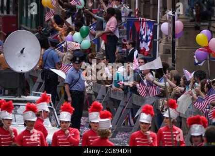Cast during a parade scene on St Vincent Street in Glasgow city centre during filming for what is thought to be the new Indiana Jones 5 movie starring Harrison Ford. Picture date: Sunday July 18, 2021. Stock Photo