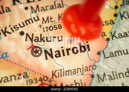 Location Nairobi in Kenya, map with push pin closeup, travel and journey concept with marker, Africa Stock Photo