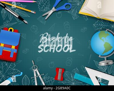 Back to school poster with realistic accessories and doodles on chalkboard background Stock Vector