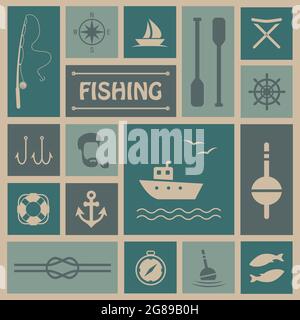 vector fish set icons, fishing boat Stock Vector