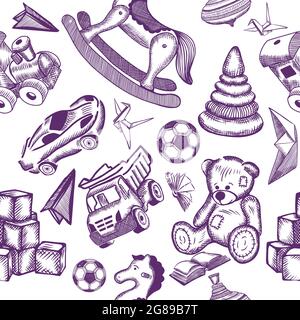 The seamless background of children's toys is drawn with a pen. Vector illustration Stock Vector