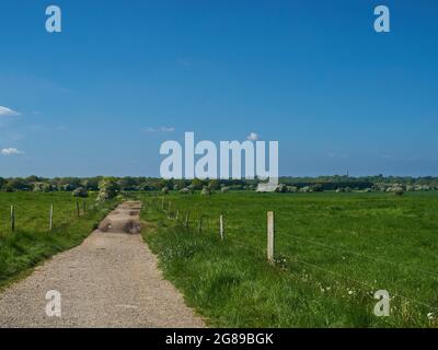 A gravel path leads off to woodland in the distance, between two fenced off, lush green fields under a summery blue sky. Stock Photo