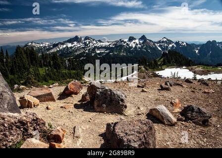 Distant mountain range as viewed from Mt.Rainer, Mt. Rainer National Park, Washington Stock Photo