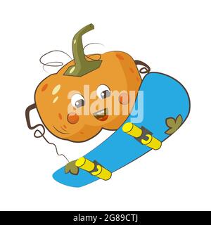 Happy pumpkin character skateboarding isolated vector illustration. Autumn harvest Stock Vector