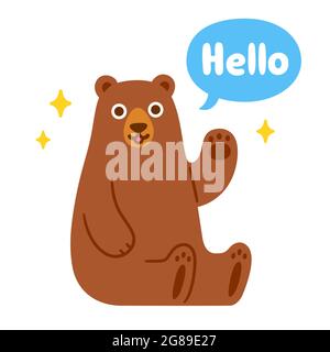 Cute cartoon bear sitting and waving with speech bubble saying Hello. Funny animal character, isolated vector illustration. Stock Vector