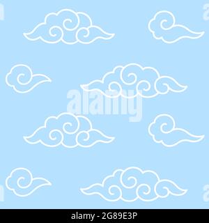 Traditional Chinese or Japanese clouds with spiral swirls. Seamless pattern, simple blue background. Vector illustration. Stock Vector