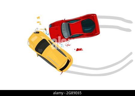 Car crash isolated on white background. Road collisition. Road accident icon. Damaged transport. City drive disaster. Two smashed vehicles top view. T Stock Vector