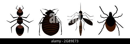 Harmful insects set icon isolated on white background.Signs of pests,tick,ant,fleas and mosquito. Insect repellent or pest control.Vector illustration Stock Vector