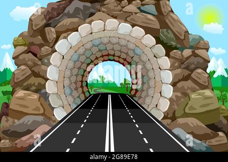 Tunnel with highway and mountains at the exit of way. Speedway tunnel road. Mountain landscape with entrance to the tunnel. Stock vector illustration Stock Vector