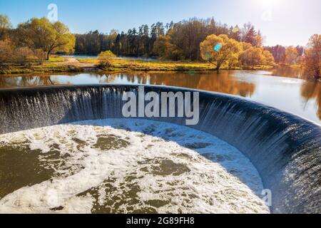 Spillway of the Yaropoletskaya hydroelectric power station, one of the first rural hydroelectric power plants in the USSR. Yaropolets, Moscow region, Stock Photo