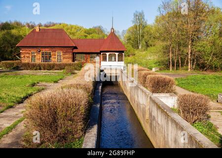 Old rural hydroelectric power station, one of the first rural hydroelectric power plants in the USSR. Yaropolets, Moscow region, Russia Stock Photo