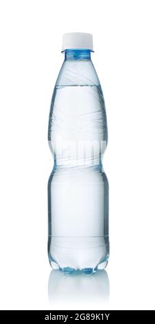 Closed small plastic bottle of mineral water isolated on white. Stock Photo