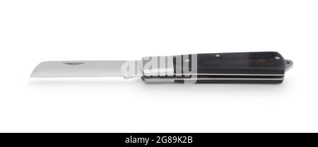 Folding knife with black wooden handle isolated on white. Stock Photo