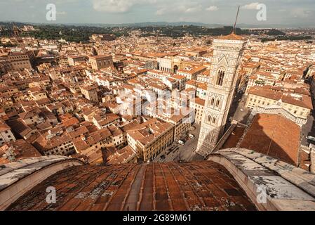 Wide angle view from the dome on the skyline of old florence and giotto campanile Stock Photo