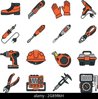 equipment and outfit of an electrician icons Stock Vector