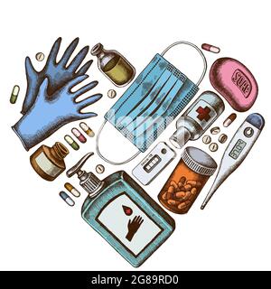 Heart design with colored pills and medicines, medical face mask, sanitizer bottles, medical thermometer, coronavirus rapid test, soap, medical gloves Stock Vector