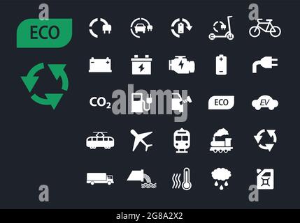 Ecology icon set with green electric transport, eco technology, renewable energy, environment pollution, ecological transport and recycling glyph Stock Vector