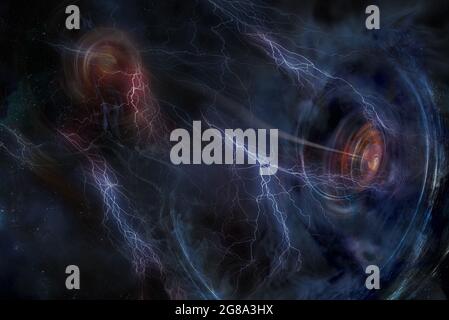 Fight between galaxies with futuristic black holes and lightning among the stars. Elements of this image furnished by NASA. Stock Photo