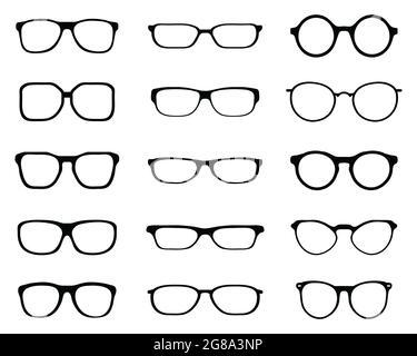 Black silhouettes of different eyeglasses  on white background Stock Photo