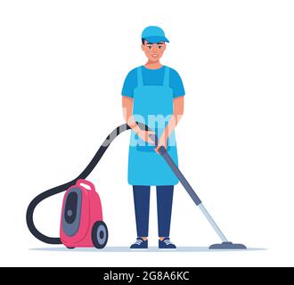Man dressed in a uniform with a vacuum cleaner. Worker of cleaning service. Vector illustration in a flat style Stock Vector