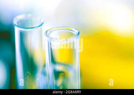 Blurred background. Chemical test tubes close up. Medicine, pharma. Stock Photo