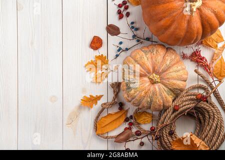 Autumn, festive background with pumpkins, berries and foliage on a white wooden background. Stock Photo