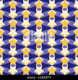Abstract geometric seamless pattern with yellow stars and blue polygons fractal background rhomb fret motif vector illustration Stock Vector