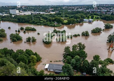 Flood on the Ruhr, after long heavy rains the river came out of its bed and flooded the countryside and towns, the highest water level ever measured, Stock Photo