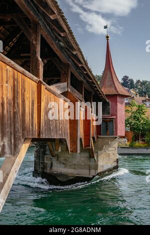 Panoramic view of city center of Lucerne with famous Spreuer Bridge and lake - Canton of Luzern, Switzerland Stock Photo