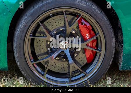 Dunaujvaros, Hungary - 07 17 2021: Alloy wheel of an Alfa Romeo Giulia on the Alfacity carshow. Stock Photo