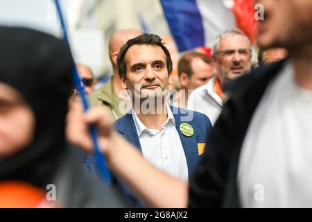 Paris, France. 17th July, 2021. Florian Philippot during the Anti - sanitary pass demonstration at the initiative of Florian Philippot 's political party 'les patriotes » in Paris, France on July 17, 2021. Credit: Victor Joly/Alamy Live News Stock Photo