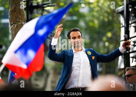 Paris, France. 17th July, 2021. Florian Philippot during the Anti - sanitary pass demonstration at the initiative of Florian Philippot 's political party 'les patriotes » in Paris, France on July 17, 2021. Credit: Victor Joly/Alamy Live News Stock Photo