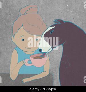 little girl drinks tea with a pit bull. The dog laps tea from the cup of the hostess. Illustration in a flat minimal style on a gray background. Stock Photo