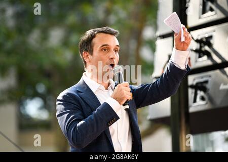 Paris, France. 17th July, 2021. Florian Philippot during the anti - sanitary pass demonstration at the initiative of Florian Philippot 's political party 'les patriotes » in Paris, France on July 17, 2021. Credit: Victor Joly/Alamy Live News Stock Photo