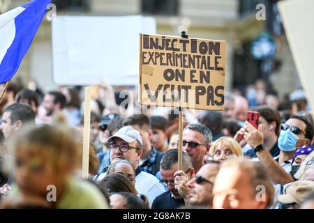 Paris, France. 17th July, 2021. Anti - sanitary pass demonstration at the initiative of Florian Philippot 's political party 'les patriotes » in Paris, France on July 17, 2021. Credit: Victor Joly/Alamy Live News Stock Photo