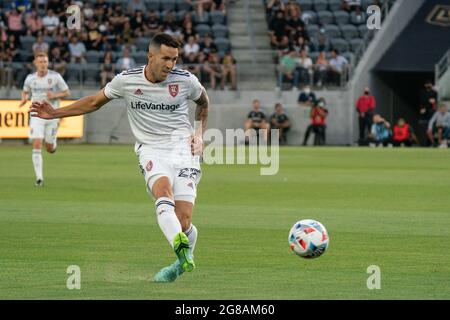 Real Salt Lake defender Aaron Herrera (22) plays a pass during a MLS game against the Los Angeles FC, Saturday, July 17, 2021, in Los Angeles, CA. LAF Stock Photo