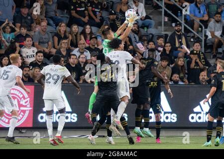 Los Angeles FC goalkeeper Tomas Romero (30) secures a corner during a MLS game against the Real Salt Lake, Saturday, July 17, 2021, in Los Angeles, CA Stock Photo