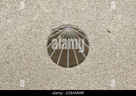 Camino de Santiago (Way of Saint James). Traditional bronze direction sign of the Camino de Santiago on the pavement in the town of Arzúa in Galicia, Spain. The scallop shell, also known as the Shell of Saint James is depicted in the sign as a traditional symbol of the pilgrimage to Santiago de Compostela. The French route and the Northern route of the Camino de Santiago go through this town shortly before both routs reach Santiago de Compostela. Stock Photo