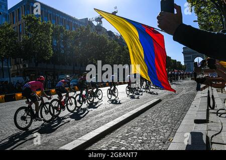 Paris, France. 18th July, 2021. National flag of Colombia (Columbian flag) and the peleton during the Tour de France 2021, Cycling race stage 21, Chatou to Paris Champs-Elysees (108, 4 km) on July 18, 2021 in Paris, France. Credit: Victor Joly/Alamy Live News Stock Photo