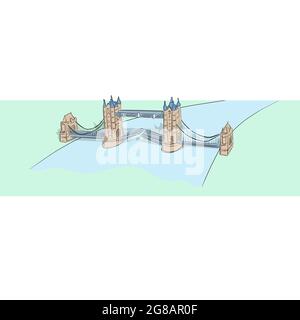 London Tower Bridge and river thames hand drawn with black lines isolated on white background illustration vector Stock Vector