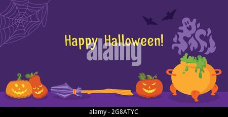 Halloween card cartoon, party background witch elements. Magic hag cauldron, bat and wizard broom. Pumpkin face and cobweb. Witchcraft elements comic Halloween fantasy flyer. Vector illustration Stock Vector