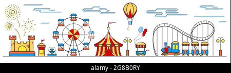 Panorama of an amusement park with a ferris wheel, circus, rides, balloon, bouncy castle and food cart. Landscape of urban park. Vector illustration o Stock Vector