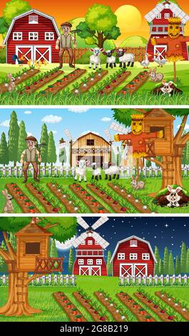 Different farm scenes with old farmer and animal cartoon character illustration Stock Vector