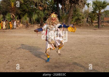 Chou dancers performing chou, a traditional folk dance of India, where acrobatics play a major role. The theme of such dance is from Hindu mythology. Stock Photo