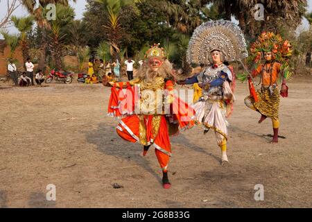 Chou dancers performing chou, a traditional folk dance of India, where acrobatics play a major role. The theme of such dance is from Hindu mythology. Stock Photo