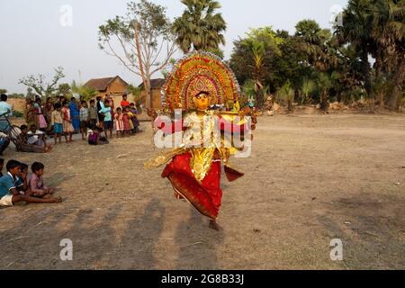 Chou dancers performing chou, a traditional folk dance of India, where acrobatics play a major role. The theme of such dance is from Hindu mythology. Stock Photo