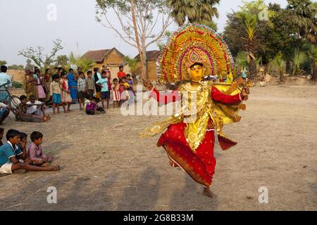 Chou dancers performing chou, a traditional folk dance of India, where acrobatics play a major role. The theme of such dance is from Hindu mythology. Stock Photo