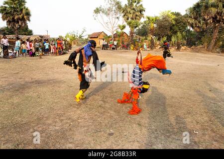 Chou dancers performing chou, a traditional folk dance of India, where acrobatics play a major role. The theme of such dance is from Hindu mythology. Stock Photo